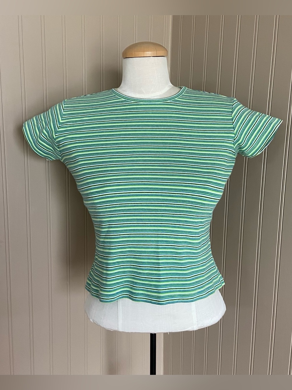 Vintage Y2K GetAway 100% Cotton Striped Cropped Green T-Shirt Women’s Medium